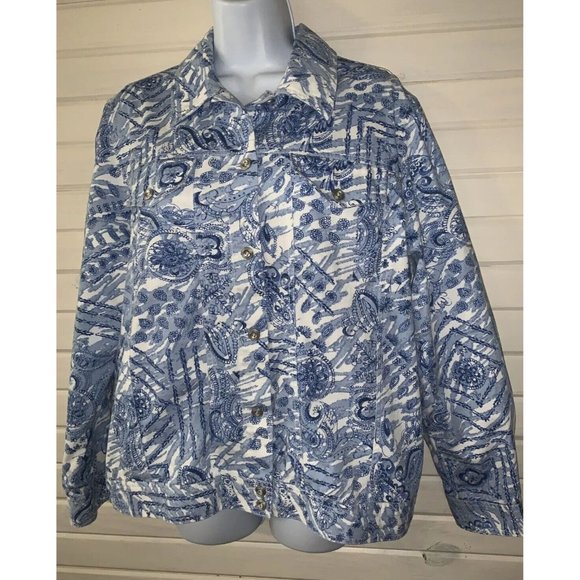 Alfred Dunner Sz 12 Blue White Paisley Geo Print Cotton Trucker Jacket EUC - Picture 2 of 10